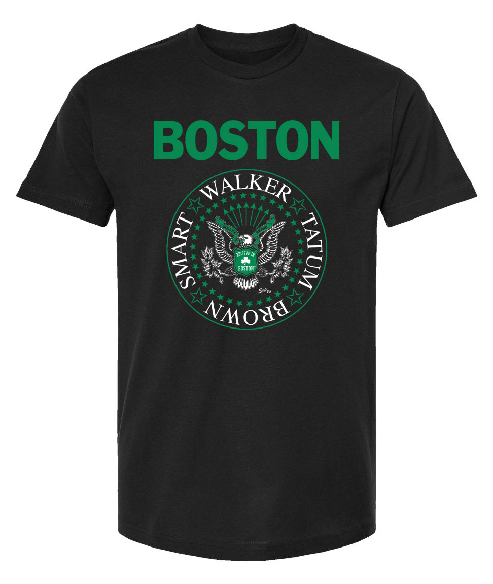 Black t-shirt with Boston in green and logo that says Walker, Tatum, Brown, Smart Celtics player names in logo.