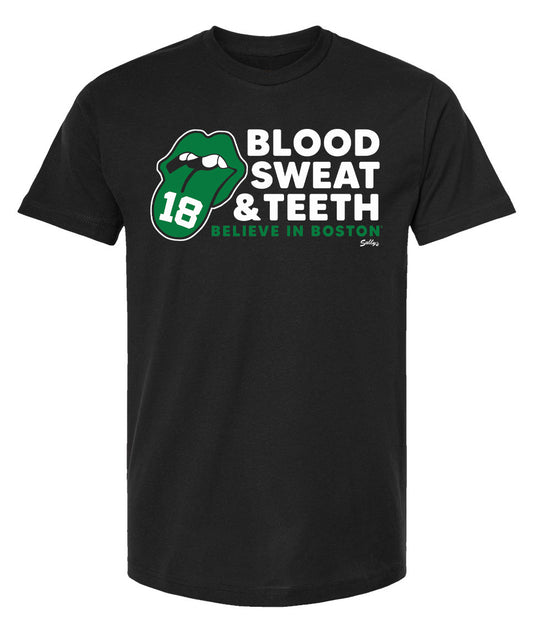 Blood sweat and teeth, Believe in Boston, 18. Black t-shirt with white and green letters. The #18 is on a green lip/tongue sticking out logo.