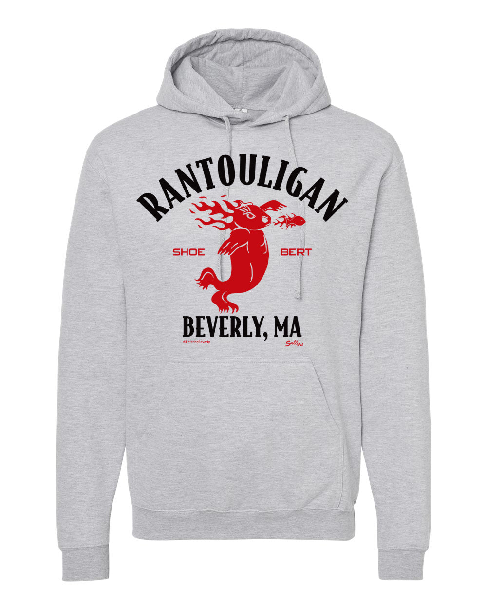 Rantouligan Beverly MA grey hoodie. Black letters with red shoebert seal in the middle.