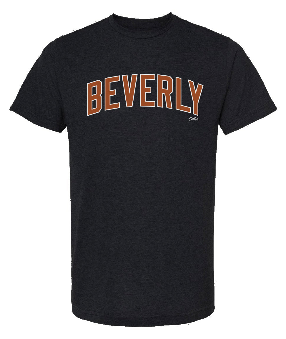 Black t-shirt with vintage Beverly in orange