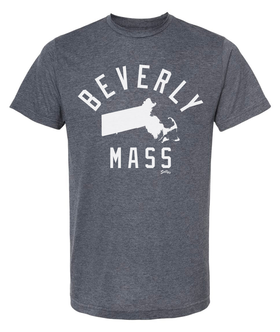 Beverly MA state tourism navy blue t-shirt white font.