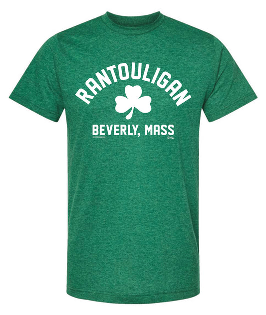 Green Rantouligan Beverly, MA t-shirt with white font and shamrock. 