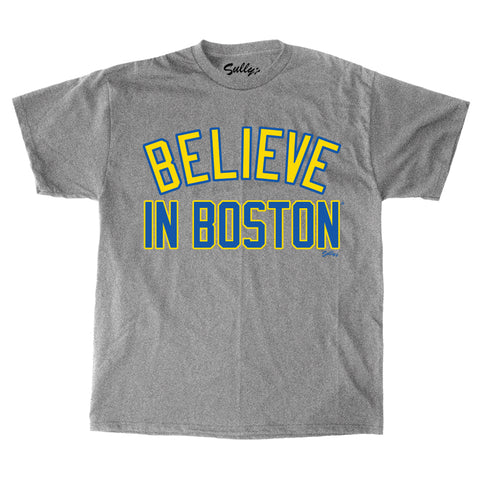 Believe In Boston Yellow/Blue Athletic Gray T-Shirt