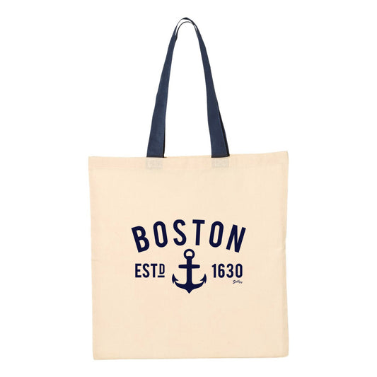 Beige reusable tote bag with Boston EST 1630 in navy blue with an anchor.