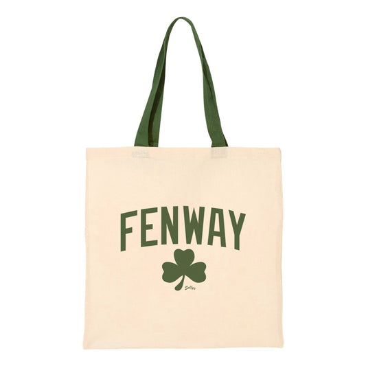 Fenway Tote bag in cream color with letters and shamrock in sage green. 