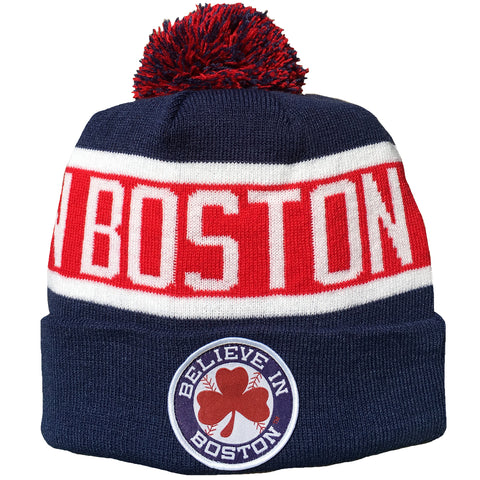 Believe In Boston - Baseball Shamrock - Pom Beanie